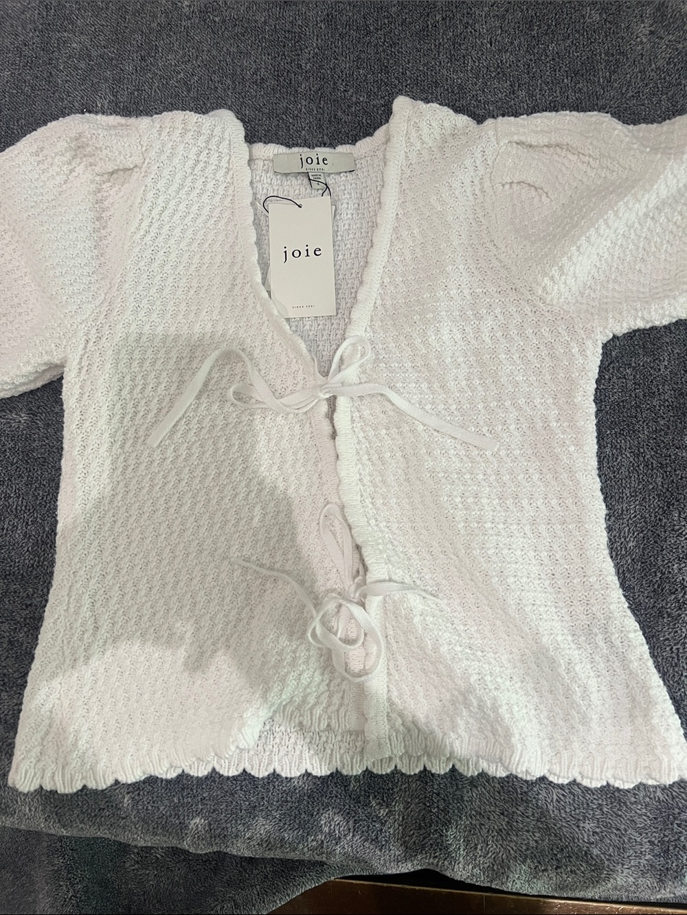 Joie Cream Knit Tie-Front Puff Sleeve Cardigan